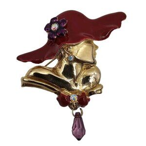 Vintage Red Hat Society Lady Enamel Rhinstones Pin Brooch